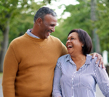 Mature couple smiling in park.